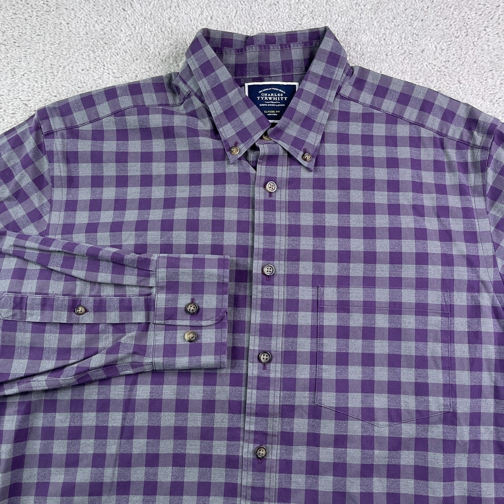 Charles Tyrwhitt Shirt Mens Large Purple Grey Gingham Classic Fit Non Iron